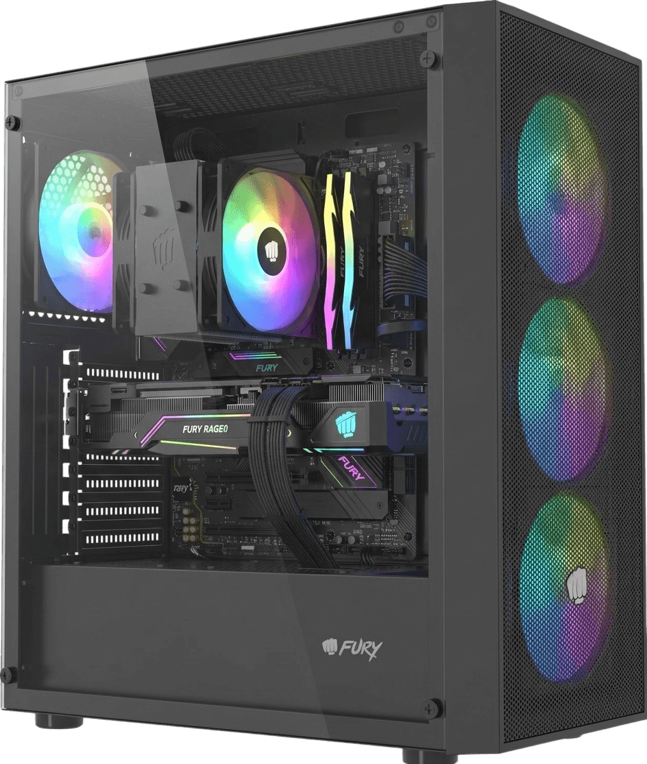 Gaming PC w czarnej obudowie Fury z przeszklonym panelem i podświetleniem ARGB